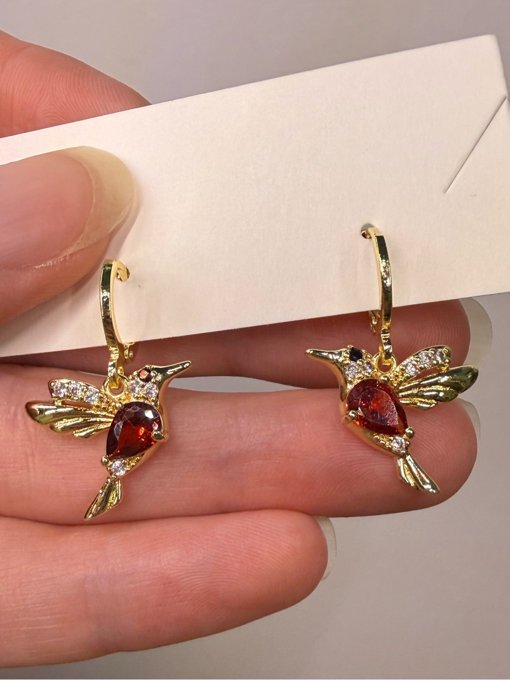 18k GP Hummingbird Earrings with Amber CZ Stones